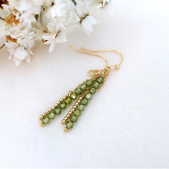 Olive Green Zircon Beads 14K Gold Filled beads Earrings| Minimalist Earrings - Picture 2 of 6